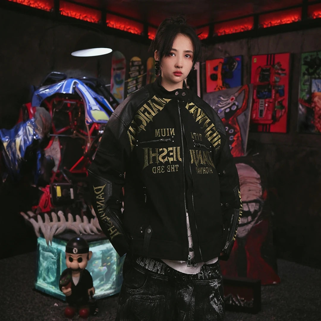 Sanhoostudio racing jacket featuring denim and leather panel construction, embroidered detailing, and a relaxed oversized silhouette. Designed with vintage motorsport influence for bold streetwear layering, distinctive material contrast, comfortable movement, and standout urban styling.