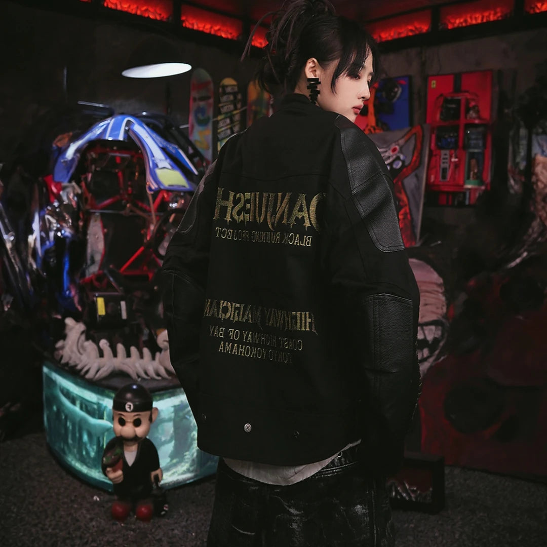 Sanhoostudio racing jacket featuring denim and leather panel construction, embroidered detailing, and a relaxed oversized silhouette. Designed with vintage motorsport influence for bold streetwear layering, distinctive material contrast, comfortable movement, and standout urban styling.