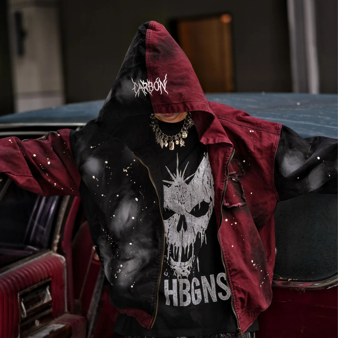 Sanhoostudio denim jacket featuring evil-eye inspired applique embroidery, distressed stain effects, and a relaxed oversized silhouette. Designed for statement streetwear layering with handcrafted visual details, rugged vintage texture, and distinctive dark urban character.