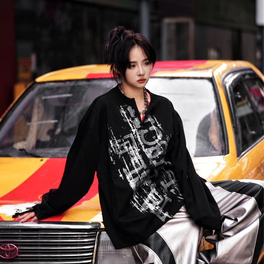 Sanhoostudio sweatshirt featuring silver paint-inspired hand-drawn digital graphics and a relaxed oversized silhouette. Designed for contemporary streetwear styling with expressive visual texture, comfortable everyday wear, versatile layering, and a distinctive hip-hop inspired urban aesthetic.