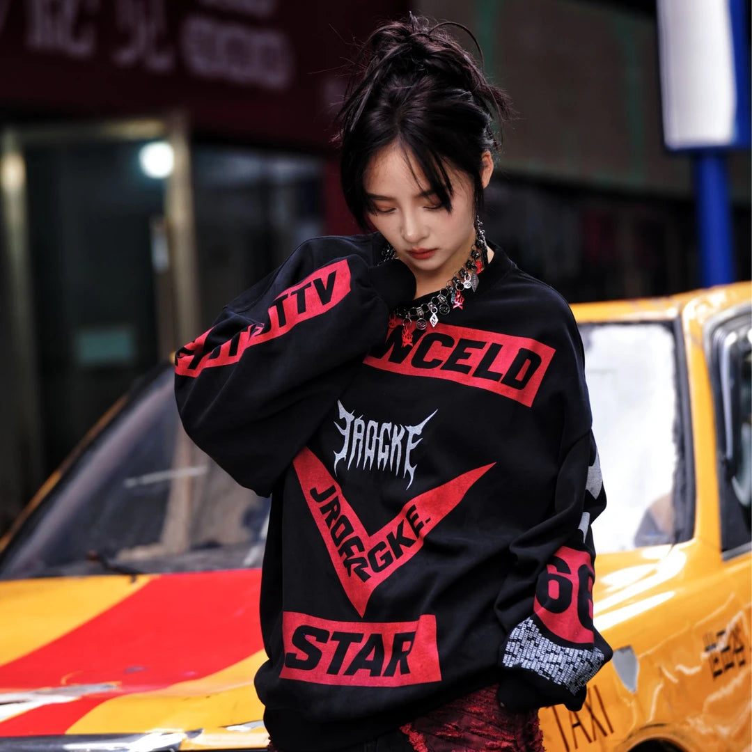 Sanhoostudio crewneck sweatshirt featuring statement digital print graphics, layered design elements, and a relaxed oversized silhouette. Designed for effortless streetwear styling with comfortable everyday wear, distinctive visual depth, versatile layering, and bold contemporary urban appeal.