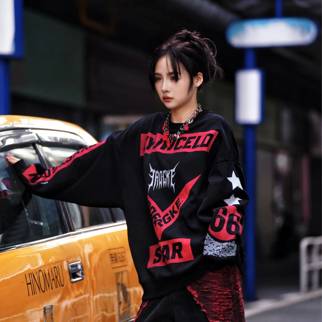 Sanhoostudio crewneck sweatshirt featuring statement digital print graphics, layered design elements, and a relaxed oversized silhouette. Designed for effortless streetwear styling with comfortable everyday wear, distinctive visual depth, versatile layering, and bold contemporary urban appeal.