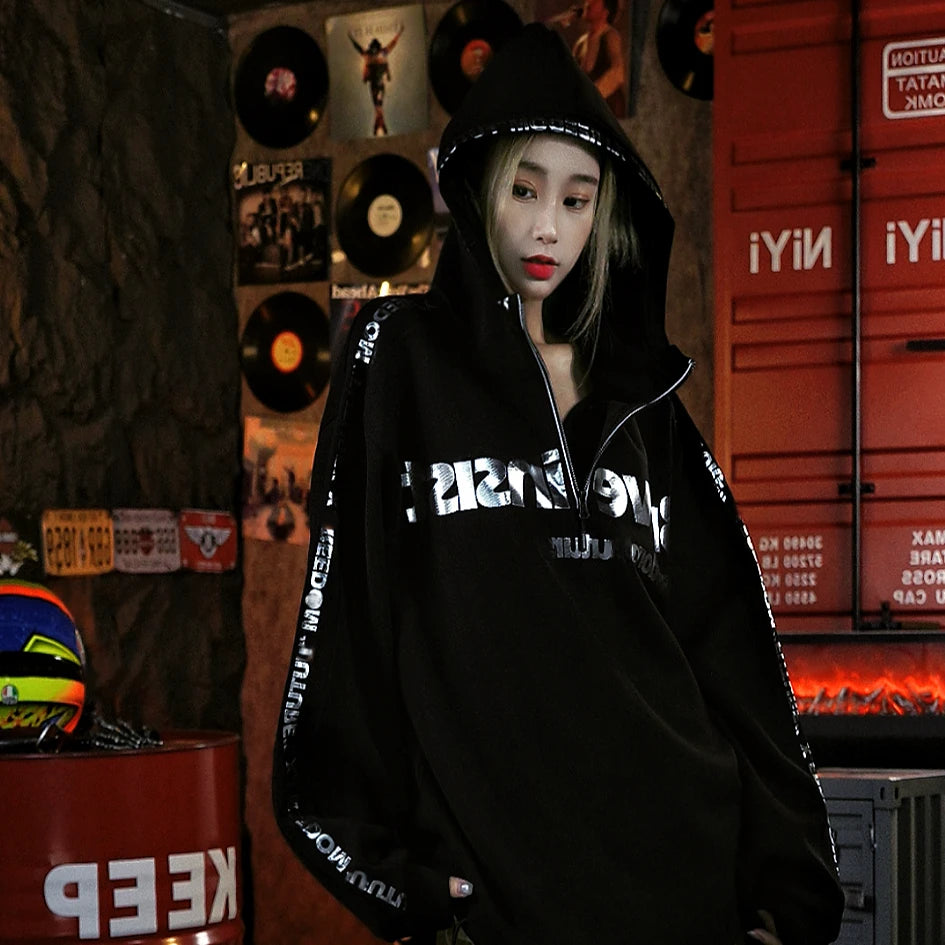 Sanhoostudio sweatshirt featuring a half-zip front, structured stand collar, and relaxed oversized silhouette. Designed for fall streetwear styling with comfortable everyday wear, versatile layering, and a clean American-inspired urban aesthetic.