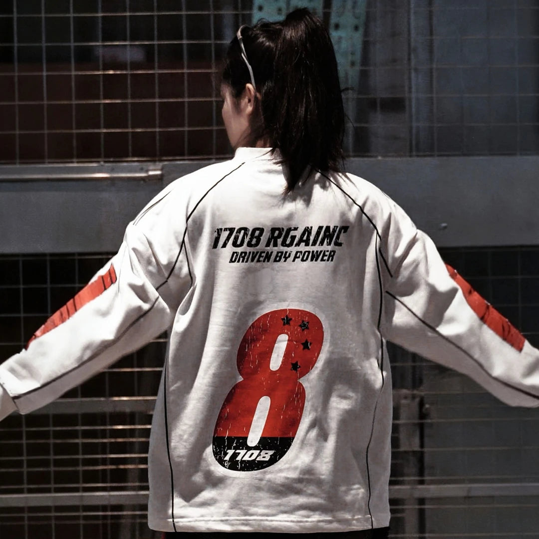 Sanhoostudio long sleeve T-shirt featuring vintage-inspired contrast colorblock detailing and a relaxed oversized silhouette. Designed for fall and winter streetwear styling with comfortable everyday wear, effortless layering, and a bold American-inspired urban aesthetic.