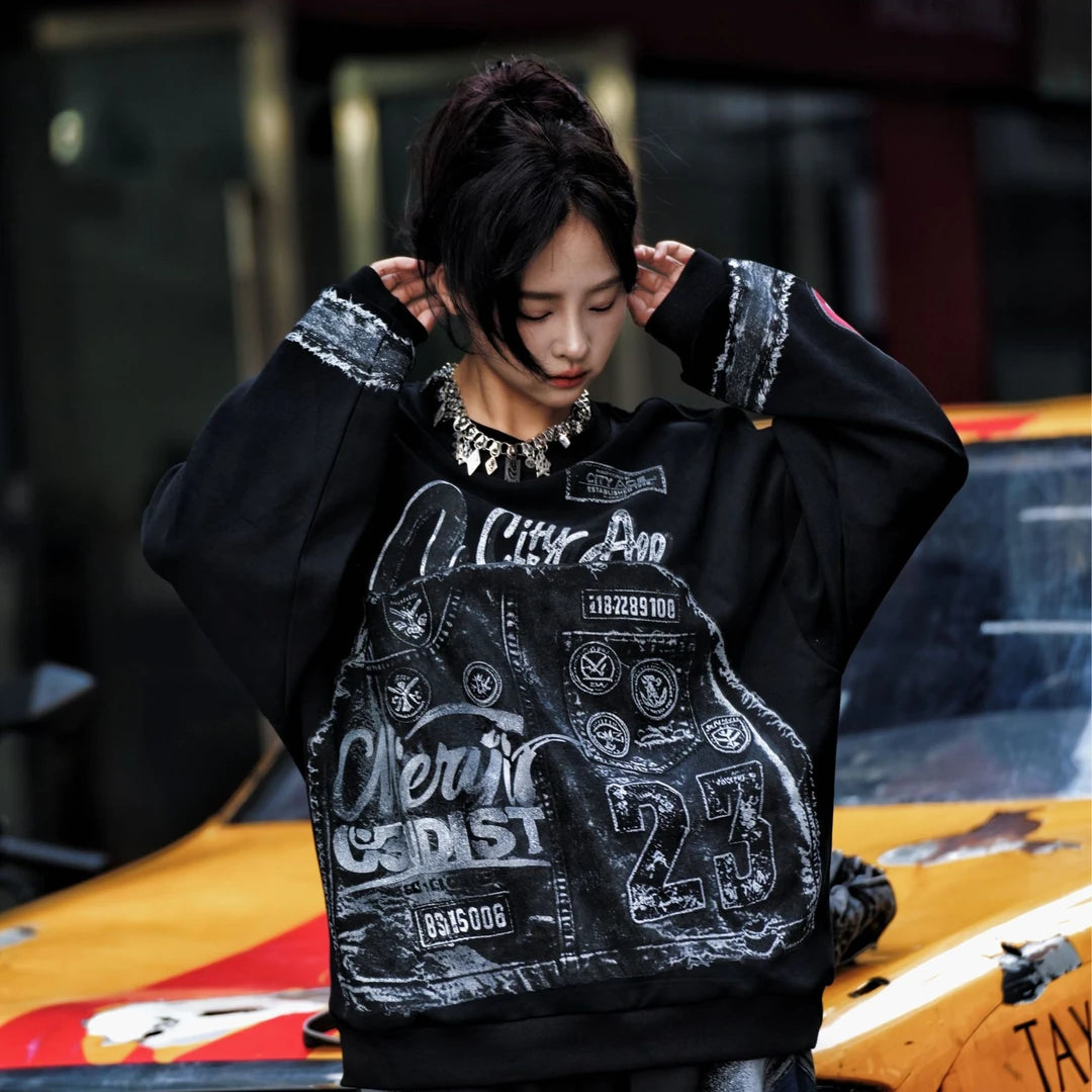 Sanhoostudio sweatshirt featuring laser-scan inspired graphic detailing and a relaxed oversized silhouette. Designed for bold streetwear styling with distinctive digital visual texture, comfortable everyday wear, loose proportions, and a contemporary high-street aesthetic.
