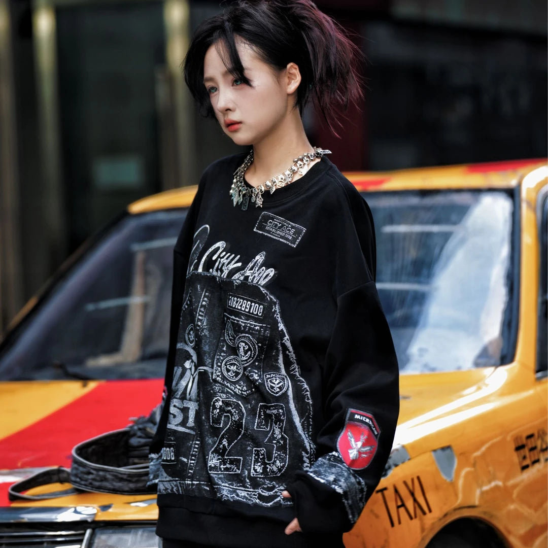 Sanhoostudio sweatshirt featuring laser-scan inspired graphic detailing and a relaxed oversized silhouette. Designed for bold streetwear styling with distinctive digital visual texture, comfortable everyday wear, loose proportions, and a contemporary high-street aesthetic.