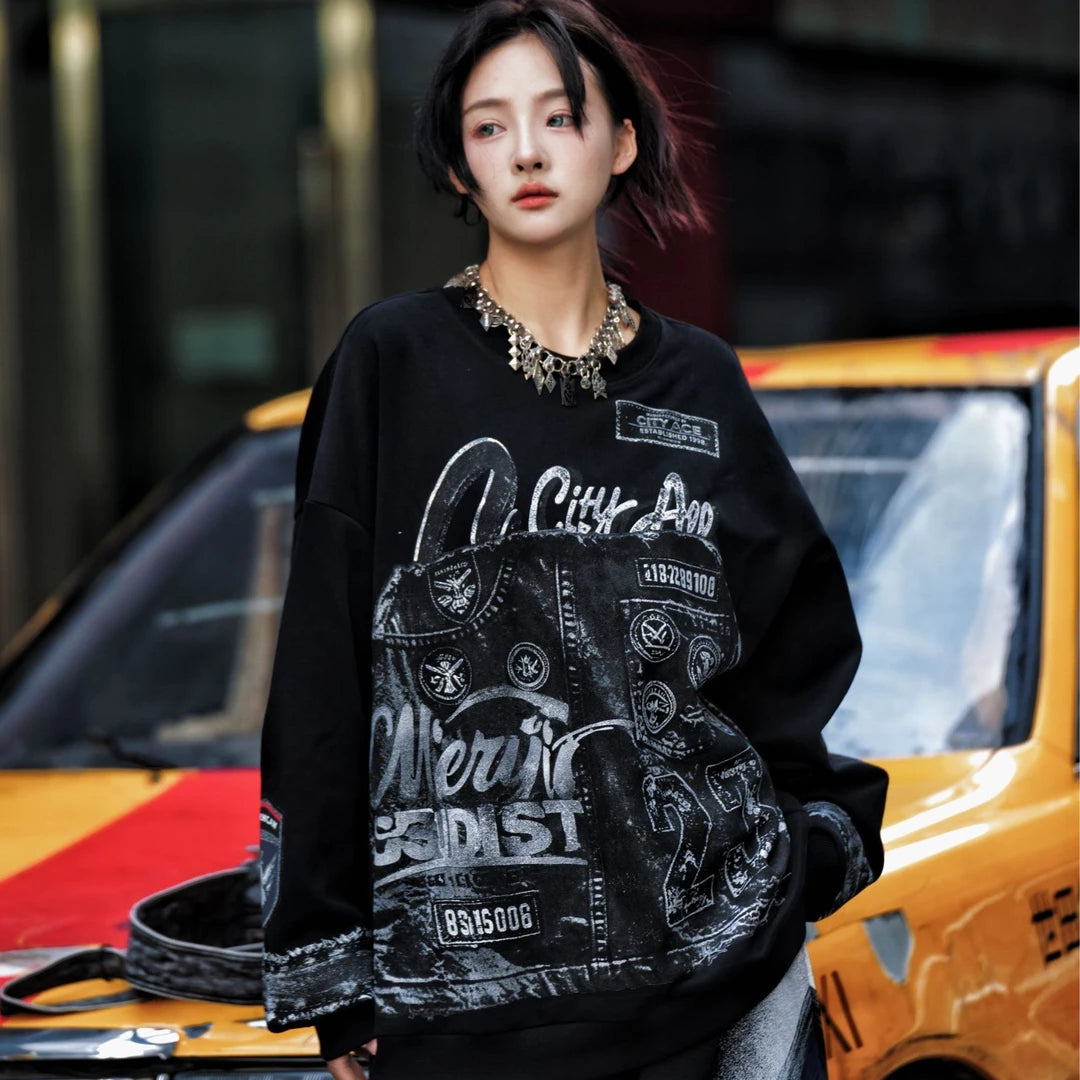 Sanhoostudio sweatshirt featuring laser-scan inspired graphic detailing and a relaxed oversized silhouette. Designed for bold streetwear styling with distinctive digital visual texture, comfortable everyday wear, loose proportions, and a contemporary high-street aesthetic.