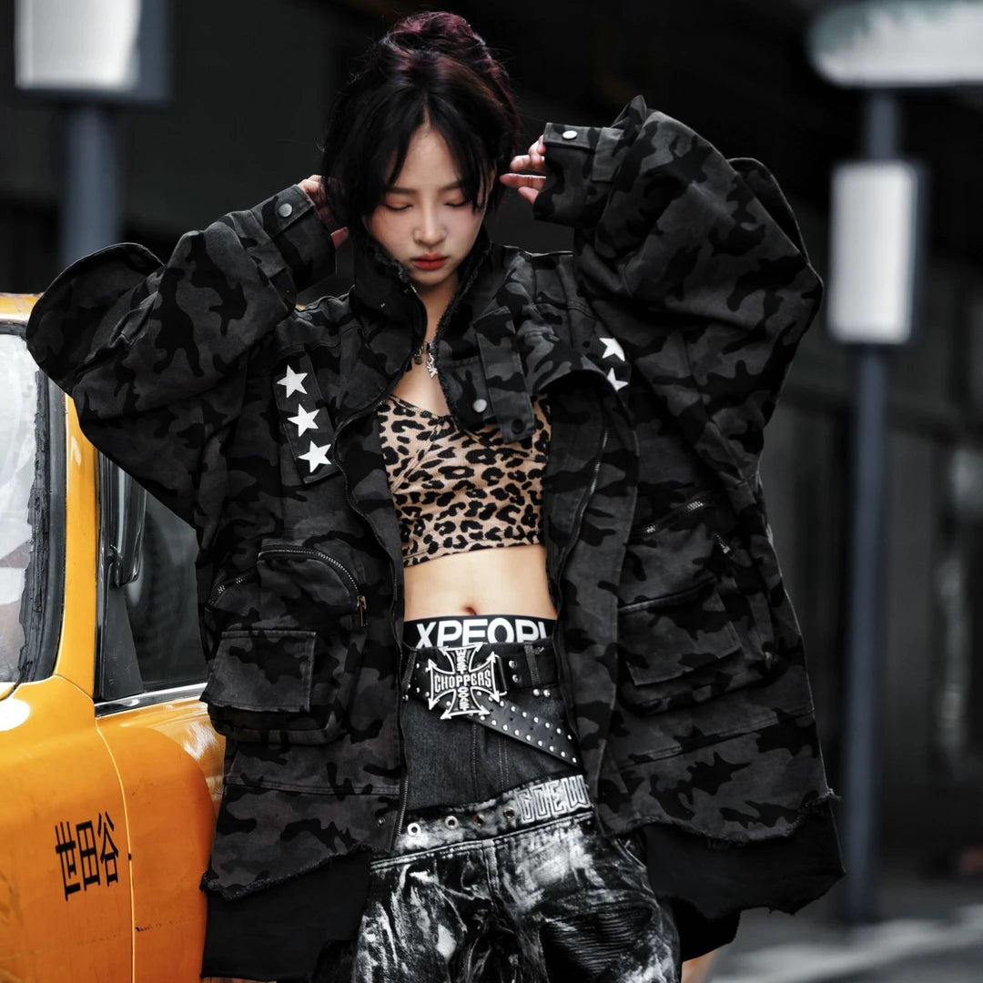 Sanhoostudio denim jacket featuring digital print artwork, distressed detailing, patchwork construction, and a relaxed oversized silhouette. Designed for statement streetwear layering with bold graphic texture, rugged denim character, comfortable wear, and versatile contemporary urban styling.