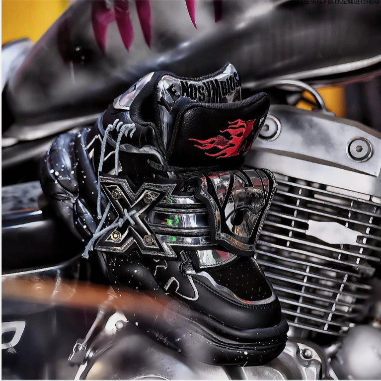 Sanhoostudio dad sneakers featuring silver armor-inspired detailing, a chunky 8 cm platform sole, and a structured layered silhouette. Designed for futuristic streetwear styling with enhanced height, comfortable everyday wear, metallic visual character, and bold urban appeal.