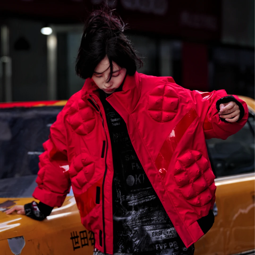 Sanhoostudio cropped down jacket featuring 90% down filling, handcrafted distressed detailing, stain-effect washed textures, and a structured stand collar. Designed for winter streetwear styling with lightweight insulation, comfortable warmth, relaxed proportions, and a bold contemporary silhouette.