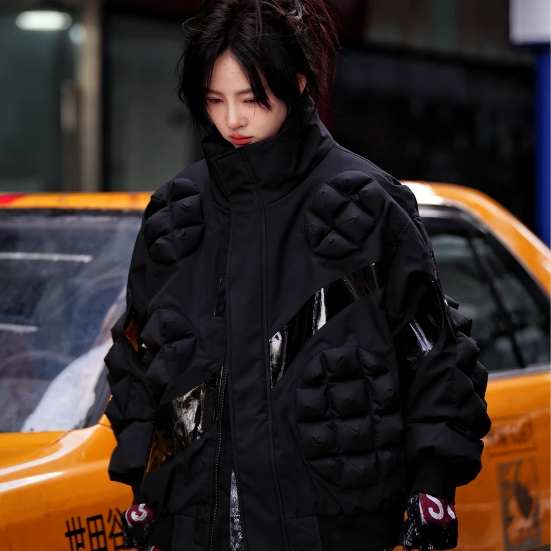 Sanhoostudio cropped down jacket featuring 90% down filling, handcrafted distressed detailing, stain-effect washed textures, and a structured stand collar. Designed for winter streetwear styling with lightweight insulation, comfortable warmth, relaxed proportions, and a bold contemporary silhouette.