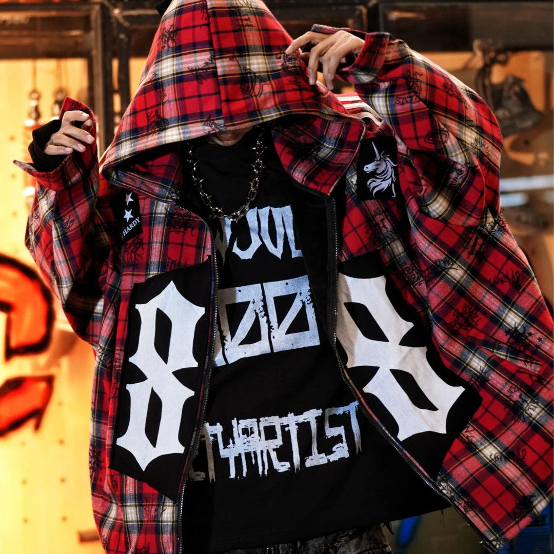 Sanhoostudio fleece-lined jacket featuring red plaid-inspired graphic detailing, digital print artwork, patchwork construction, and a relaxed oversized silhouette. Designed for fall and winter streetwear styling with comfortable warmth, distinctive contrasting textures, versatile layering, and bold contemporary appeal.