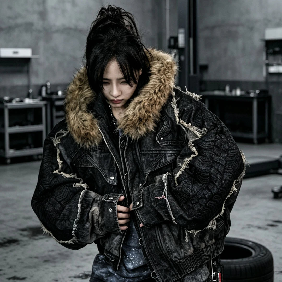 Sanhoostudio padded denim jacket featuring distinctive tire-inspired 3D embossed sleeves, heavyweight washed denim, distressed detailing, and asymmetric patchwork construction. Designed for winter streetwear styling with comfortable insulation, oversized proportions, bold dimensional textures, and distinctive deconstru