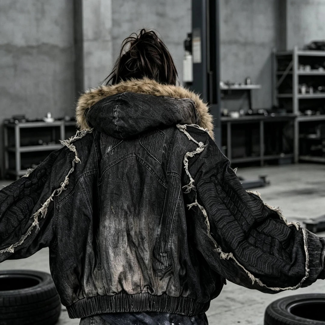 Sanhoostudio padded denim jacket featuring distinctive tire-inspired 3D embossed sleeves, heavyweight washed denim, distressed detailing, and asymmetric patchwork construction. Designed for winter streetwear styling with comfortable insulation, oversized proportions, bold dimensional textures, and distinctive deconstru