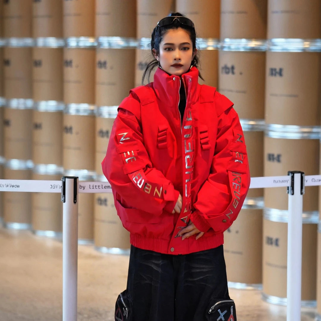 Sanhoostudio down jacket featuring reflective letter graphics, a structured stand collar, and a relaxed oversized silhouette. Designed for technical-inspired winter streetwear styling with comfortable insulation, bold reflective detailing, functional aesthetics, and versatile everyday layering.