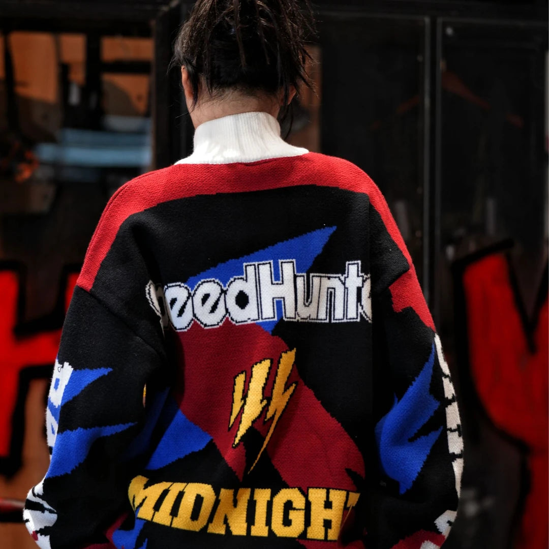 Sanhoostudio knit sweater featuring thunder-inspired contrasting colors, heavyweight knitted construction, distressed graffiti artwork, and hand-painted patchwork detailing. Designed for statement streetwear styling with a relaxed oversized silhouette, bold color combinations, comfortable warmth, and distinctive appeal
