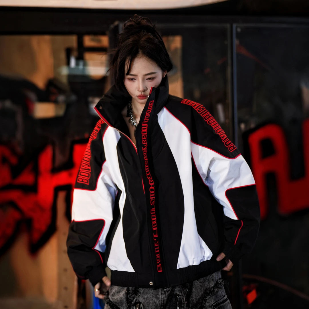 Sanhoostudio down jacket featuring handcrafted distressed detailing, stain-effect textures, a structured stand collar, and a cropped oversized silhouette. Designed for winter streetwear styling with comfortable insulation, bold racing-inspired aesthetics, relaxed proportions, and distinctive vintage-inspired character.