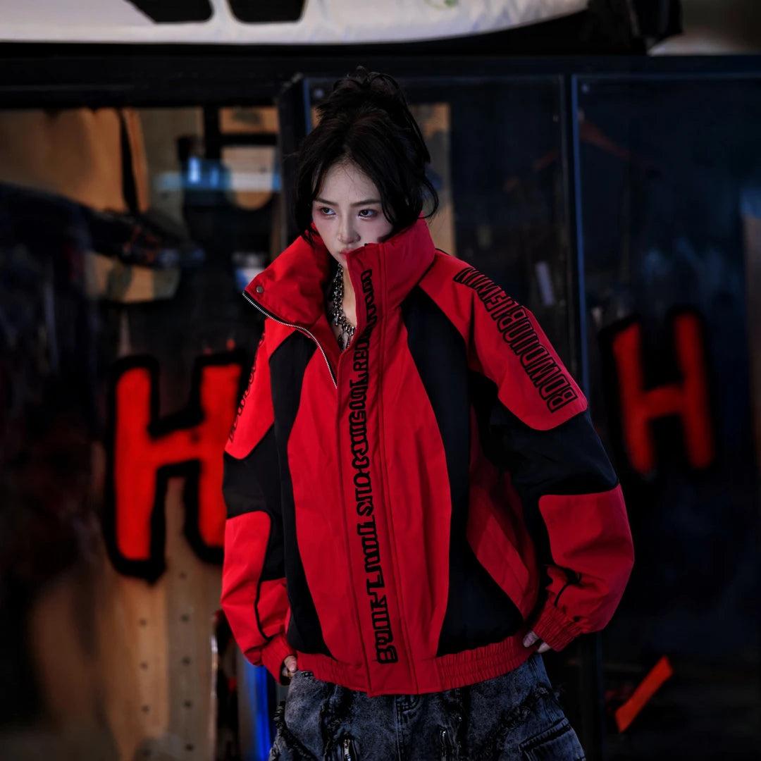 Sanhoostudio down jacket featuring handcrafted distressed detailing, stain-effect textures, a structured stand collar, and a cropped oversized silhouette. Designed for winter streetwear styling with comfortable insulation, bold racing-inspired aesthetics, relaxed proportions, and distinctive vintage-inspired character.