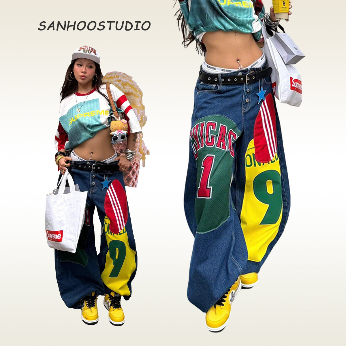 【25s Sep.】Vintage Colorblock Printed Wide-Leg Denim Pants