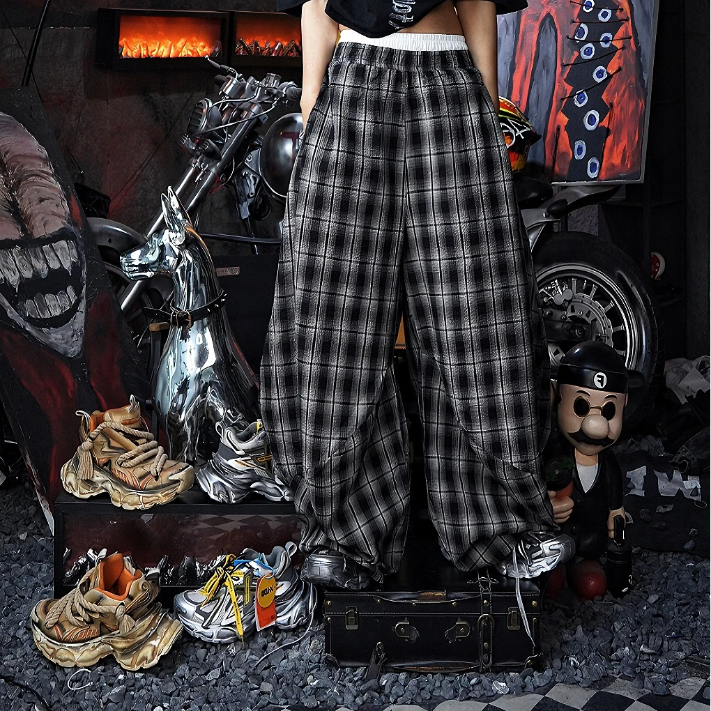 Retro Gray Plaid Wide-Leg Pants