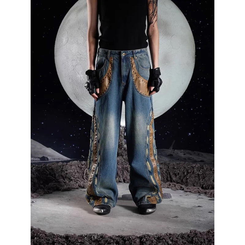 PU Patch Metal Stud Washed Jeans