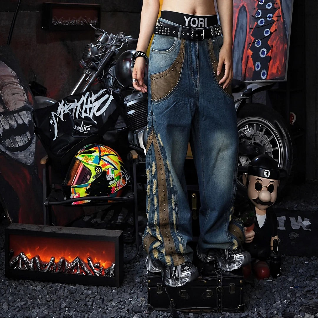 PU Patch Metal Stud Washed Jeans