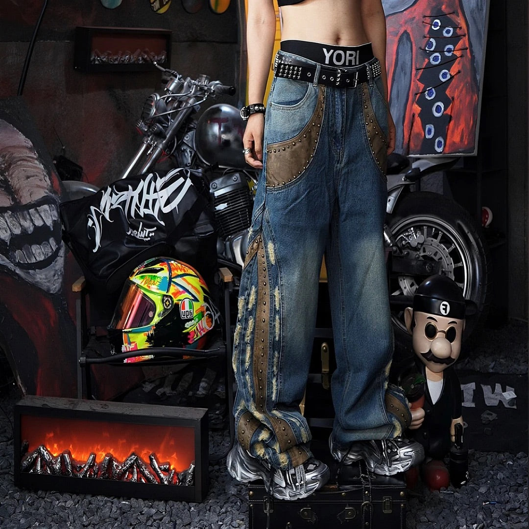 PU Patch Metal Stud Washed Jeans