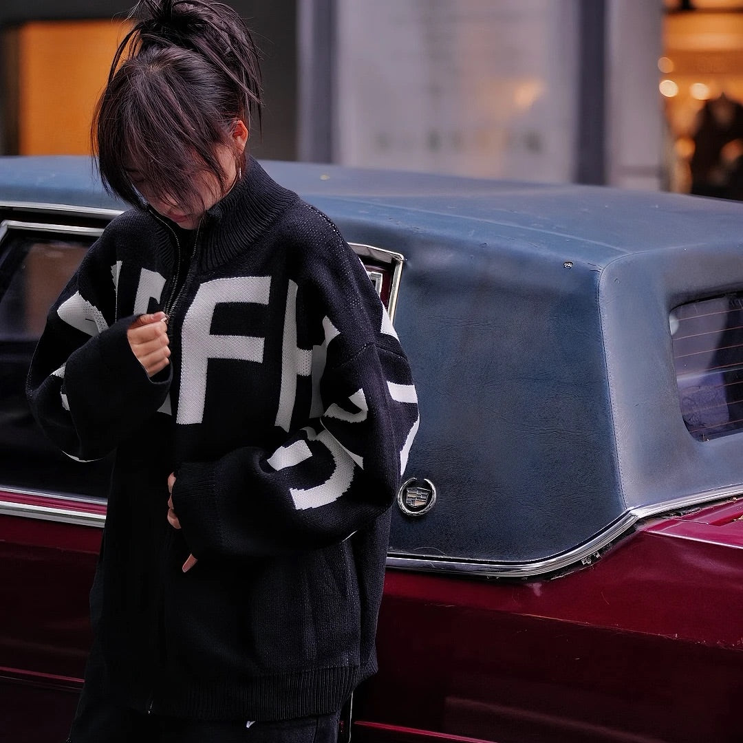 Layered Print High-Neck Street Sweater (Pre-order, Ships Within 20 Days)