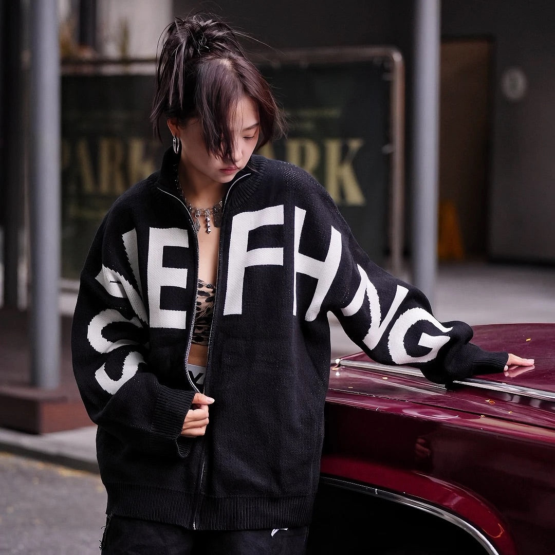 Layered Print High-Neck Street Sweater (Pre-order, Ships Within 20 Days)