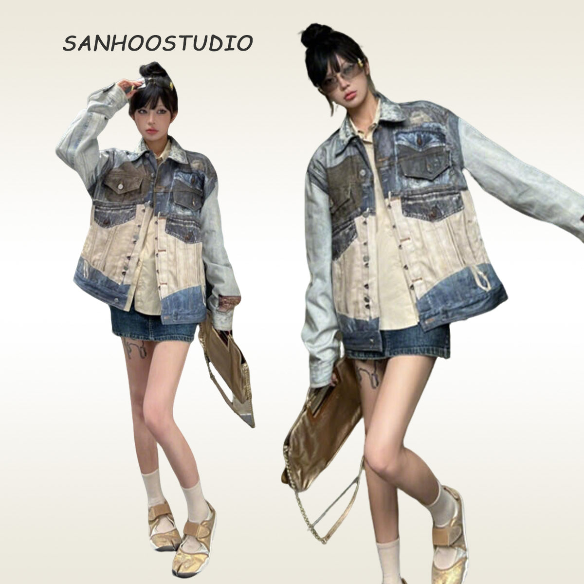 Vintage Heavy 3D Printed Contrast Color Denim Jacket