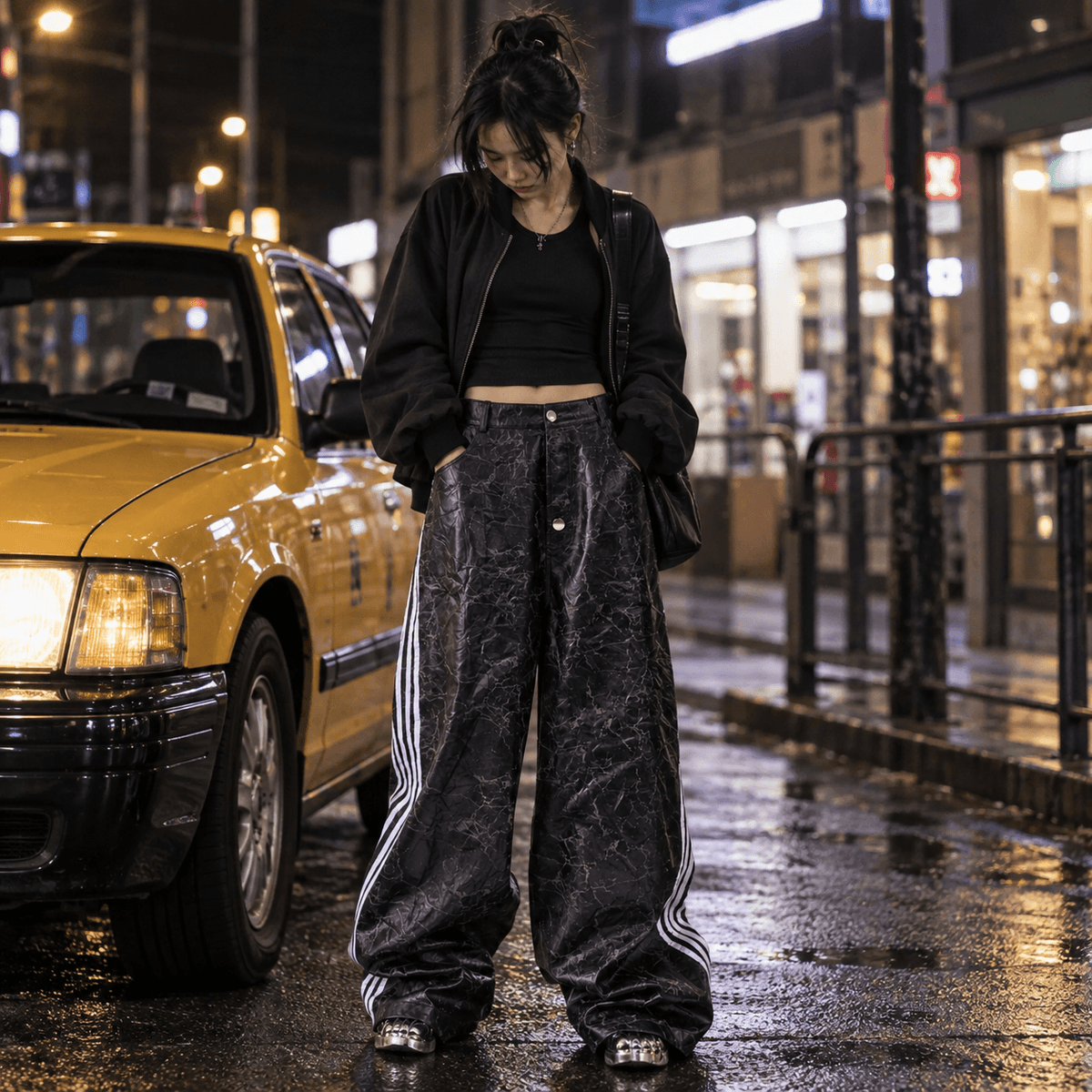 Sanhoostudio Cracked Wide Leg PU Leather Pants
