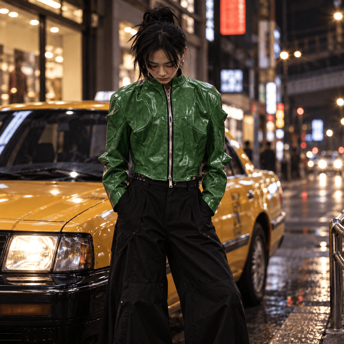 Sanhoostudio Green Glossy Deconstructed Cropped Leather Jacket