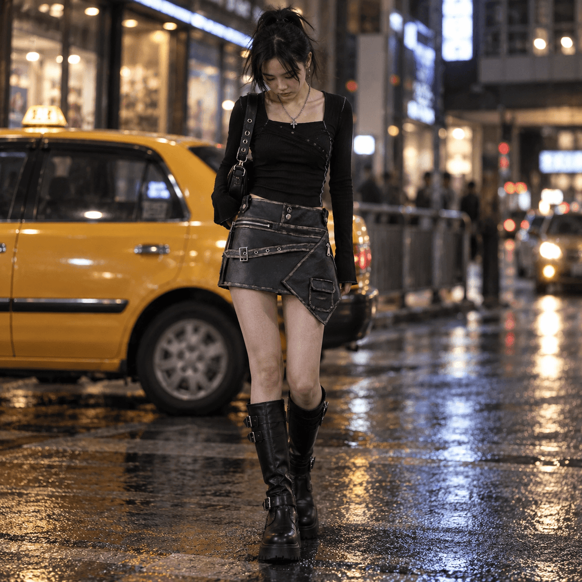 Sanhoostudio PU leather mini skirt featuring distressed black finishing, faded surface effects, and an asymmetric silhouette. Designed for punk-inspired streetwear styling with a fitted shape, rugged visual texture, and bold contemporary fashion appeal.