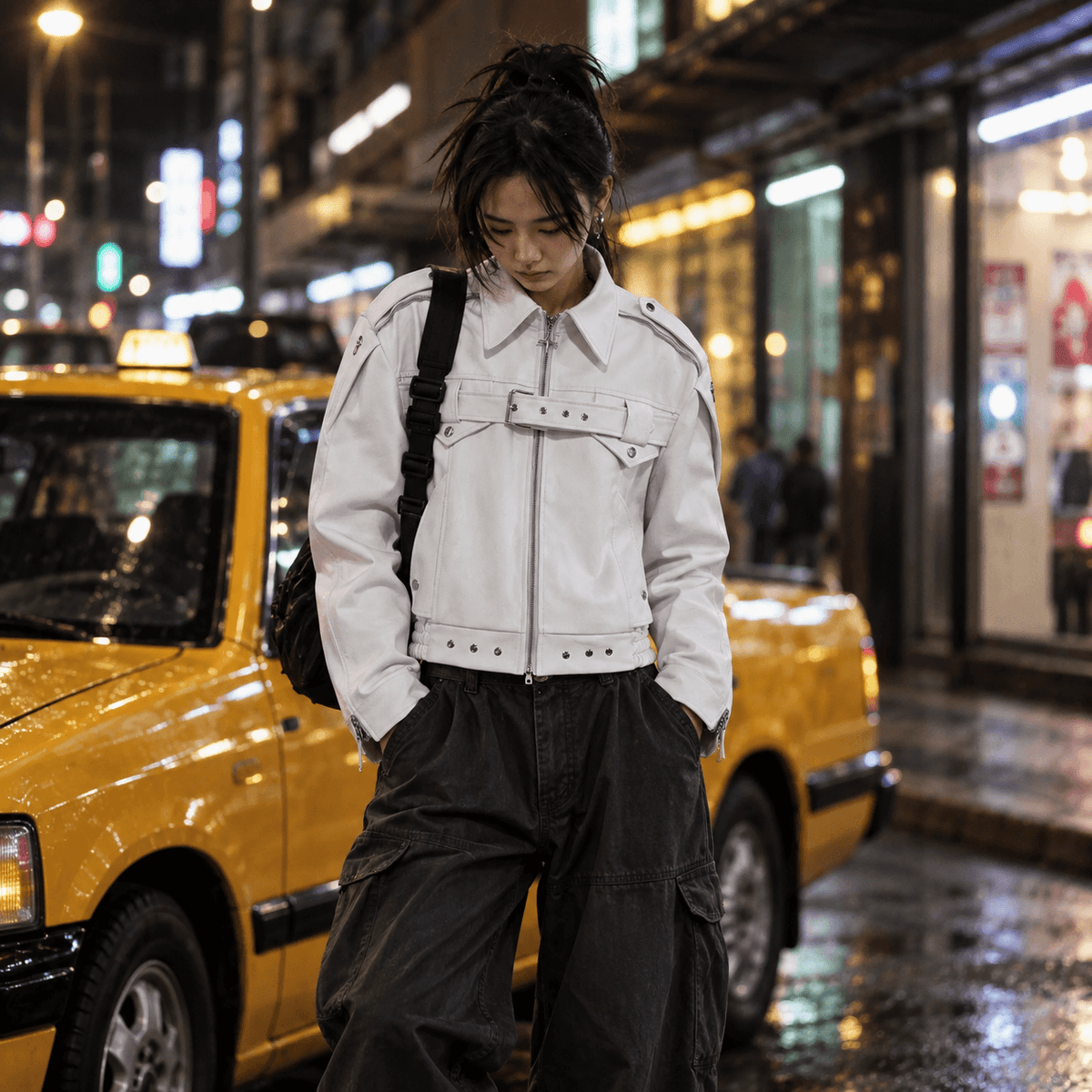 Sanhoostudio PU leather jacket featuring a clean white finish, structured lapel collar, and zip-front construction. Designed for modern motorcycle-inspired streetwear styling with a sleek leather texture, versatile silhouette, and bold everyday urban appeal.