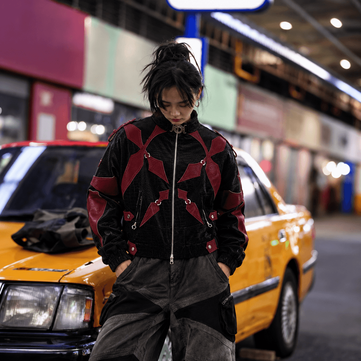 Sanhoostudio PU leather jacket featuring crocodile-embossed texture, contrast colorblock panels, and a structured silhouette. Designed for statement streetwear styling with rich visual texture, bold proportions, and a distinctive contemporary motorcycle-inspired aesthetic.