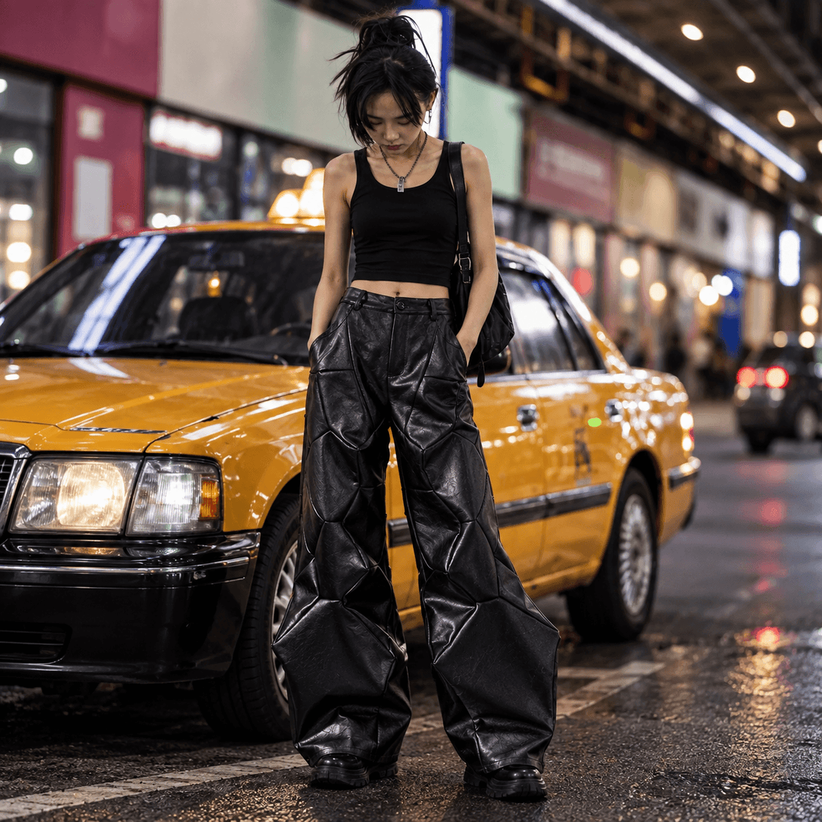 Sanhoostudio PU leather jacket featuring deconstructed panel construction, asymmetric back cutting, and an unconventional sculptural silhouette. Designed for statement streetwear styling with experimental structure, motorcycle-inspired character, and bold contemporary urban appeal.