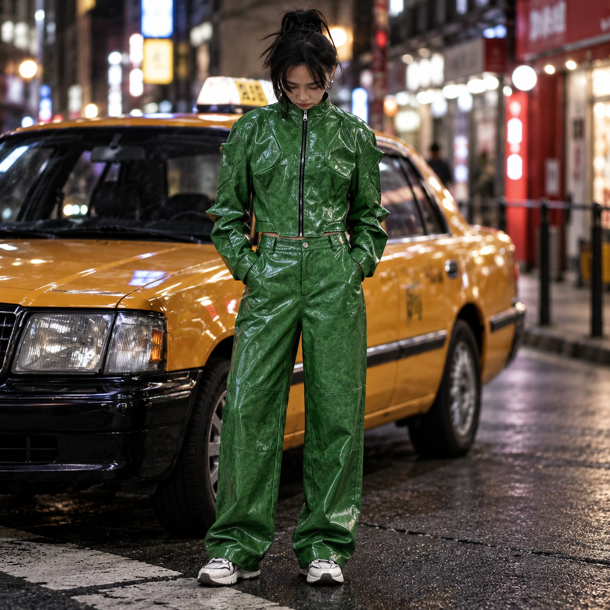 Sanhoostudio Green Glossy Deconstructed Cropped Leather Jacket