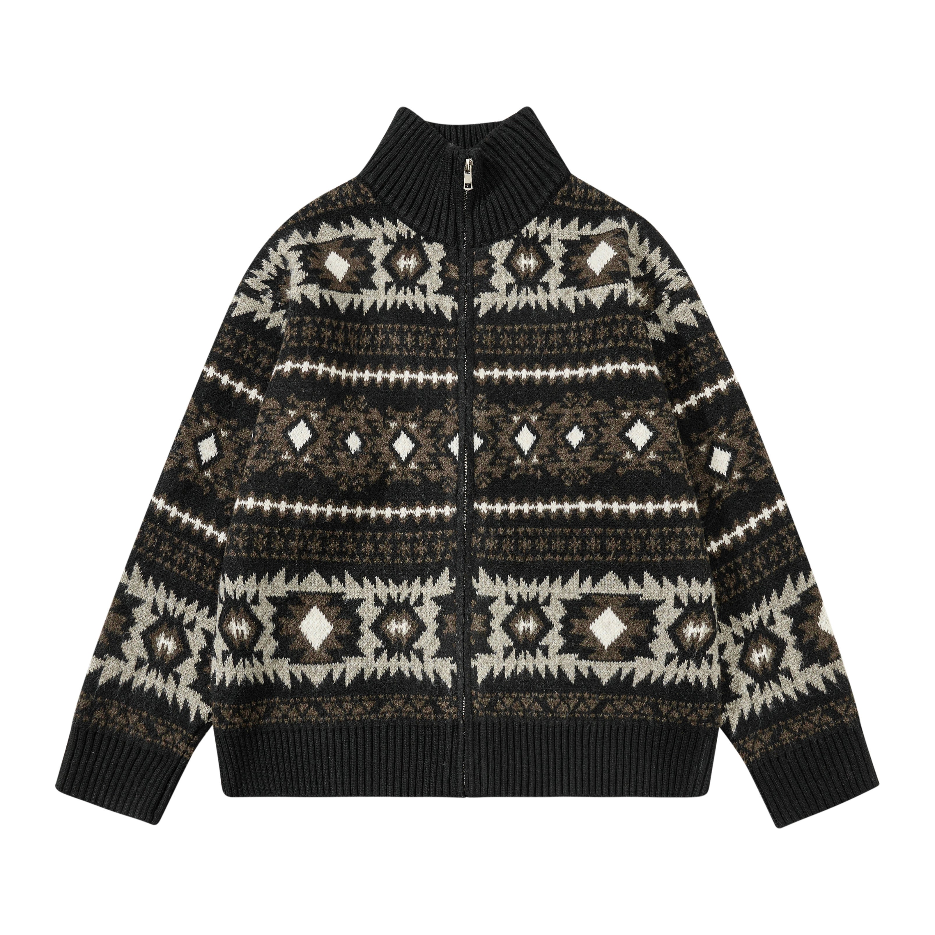 A relaxed stand-collar zip-up knit sweater offering soft warmth and a calm, effortless vibe. A cozy Sanhoostudio staple for autumn and winter.