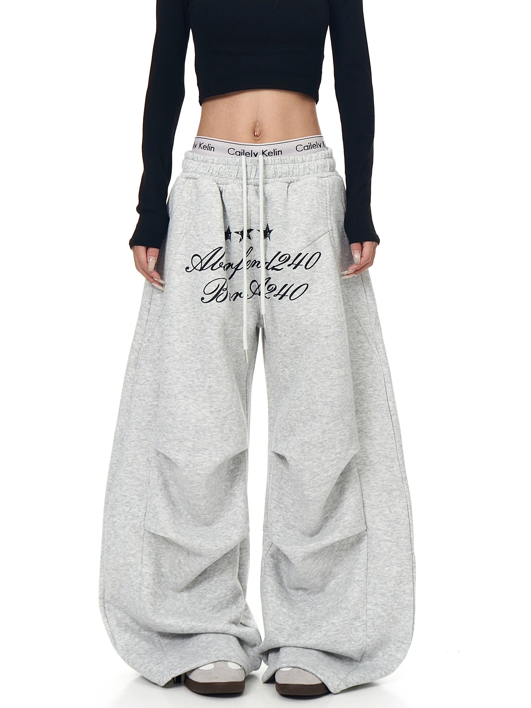 Star Letter Print Ruched Wide-Leg Sweatpants