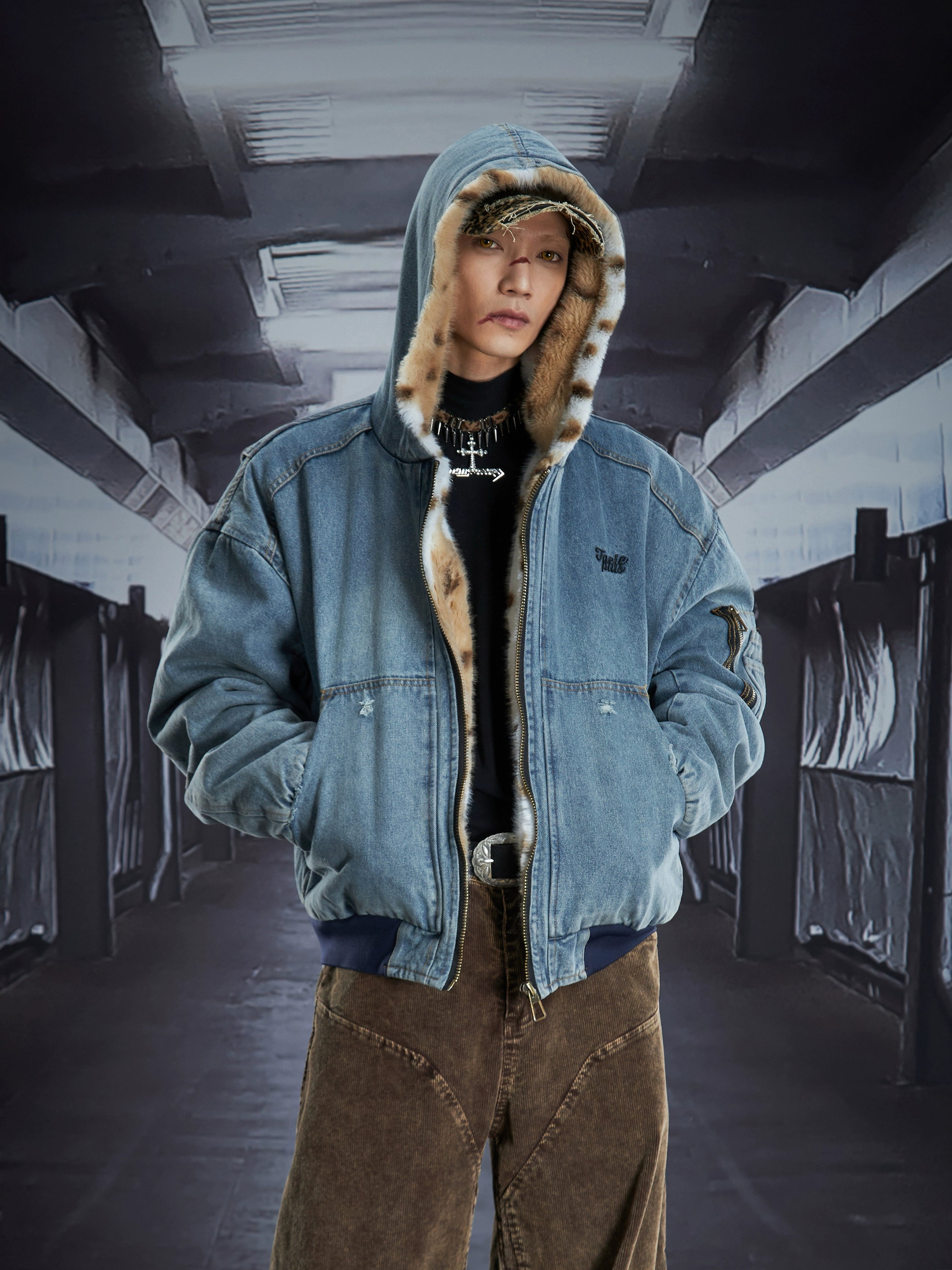 Washed Denim Leopard-Fur Hooded Puffer Jacket