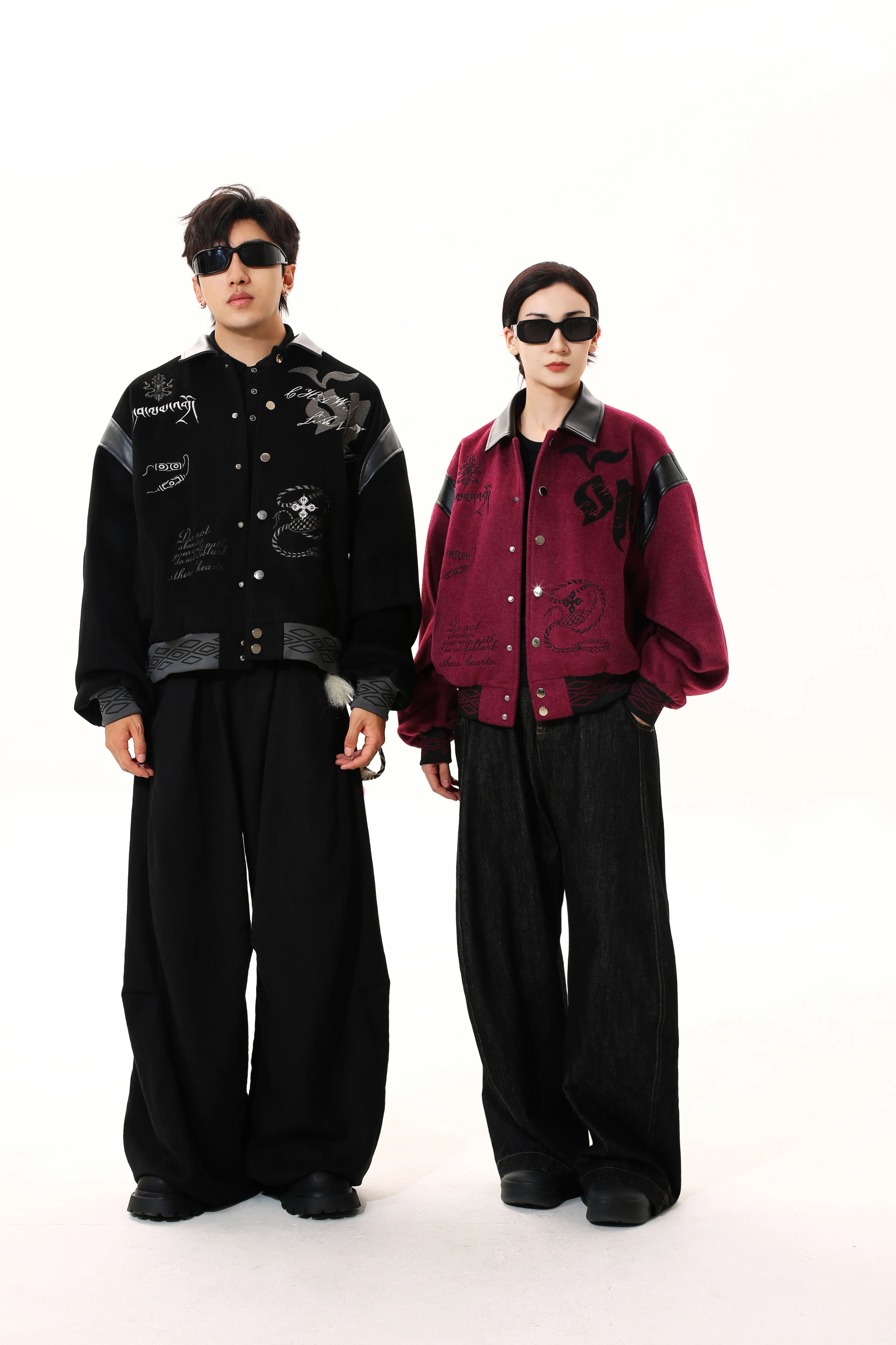 Sanhoostudio American-style varsity jacket with embroidery. Designed for unisex streetwear and seasonal layering.