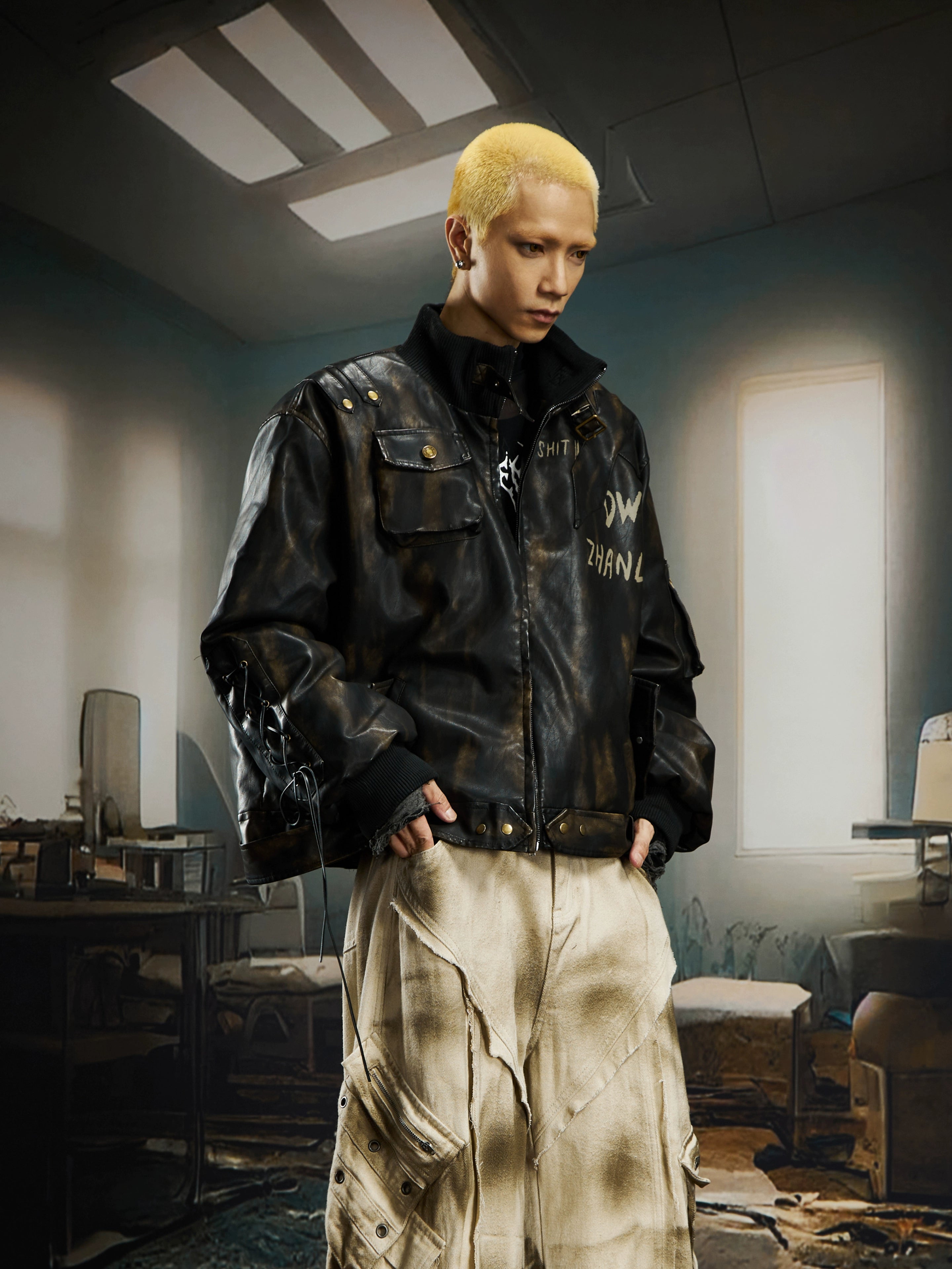 Heavy-Washed Vintage Quilted Moto Jacket