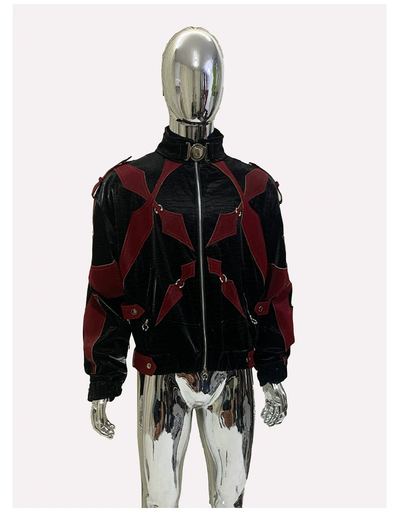 Sanhoostudio Crocodile Embossed Colorblock PU Leather Jacket