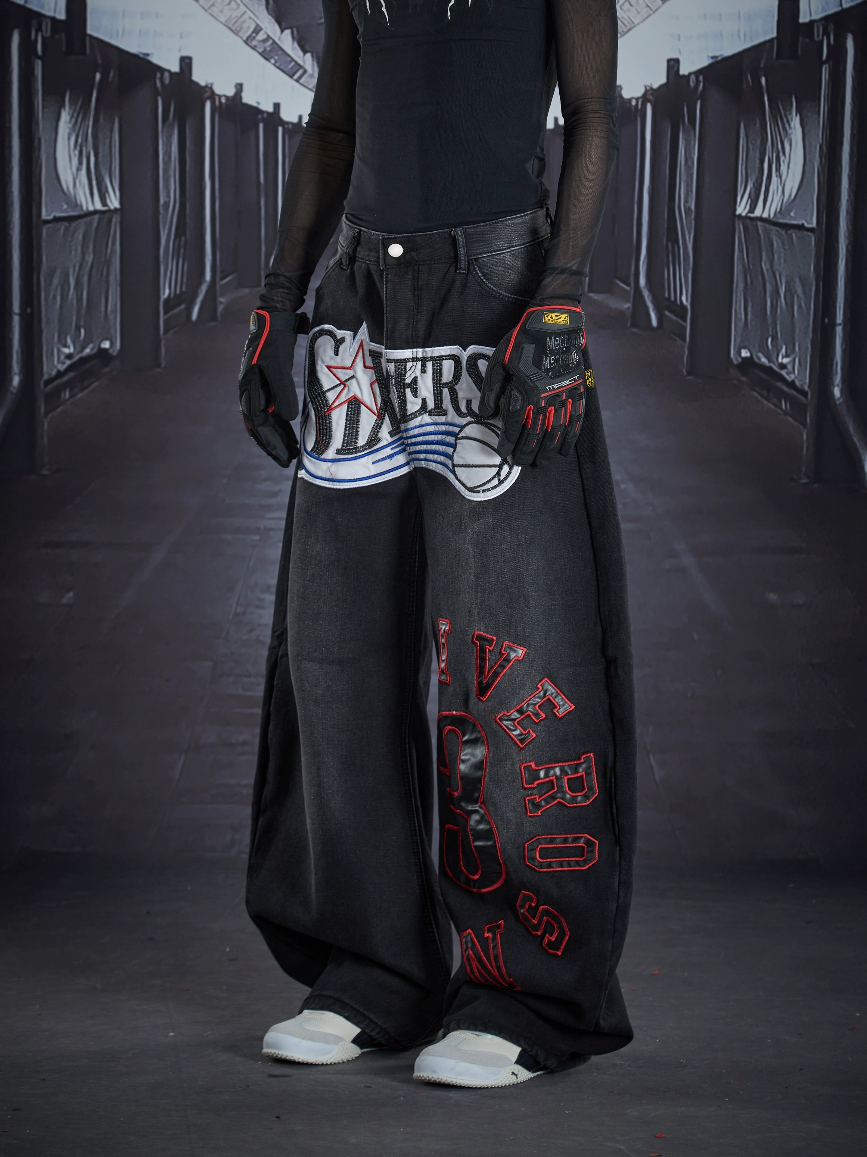 Heavy Embroidered Leather-Patch Fleece Lined Blade-Cut Jeans