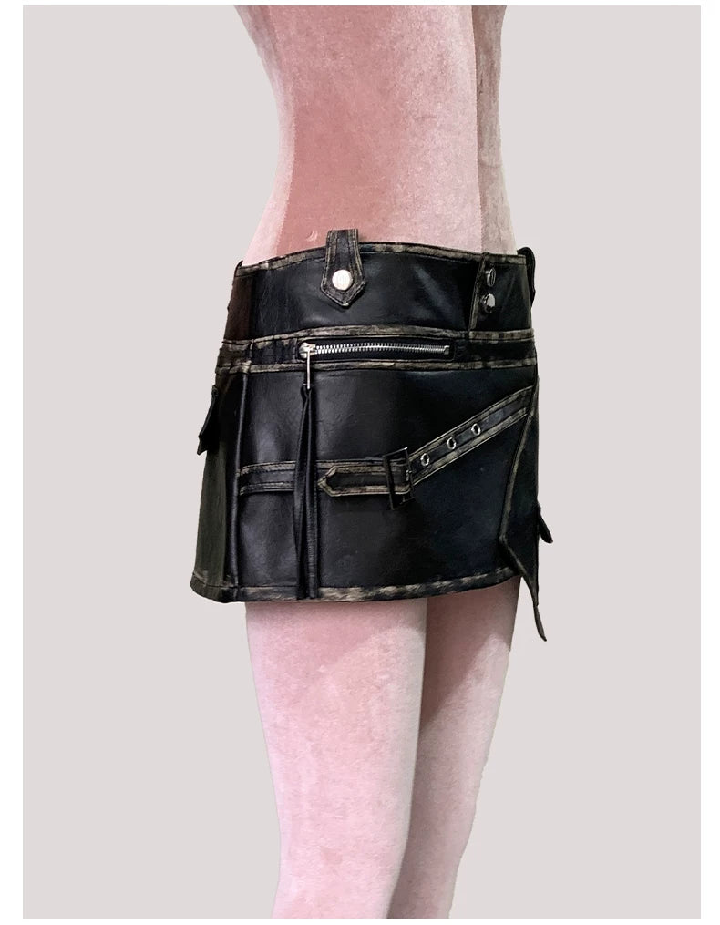 Sanhoostudio Distressed Asymmetric PU Leather Mini Skirt