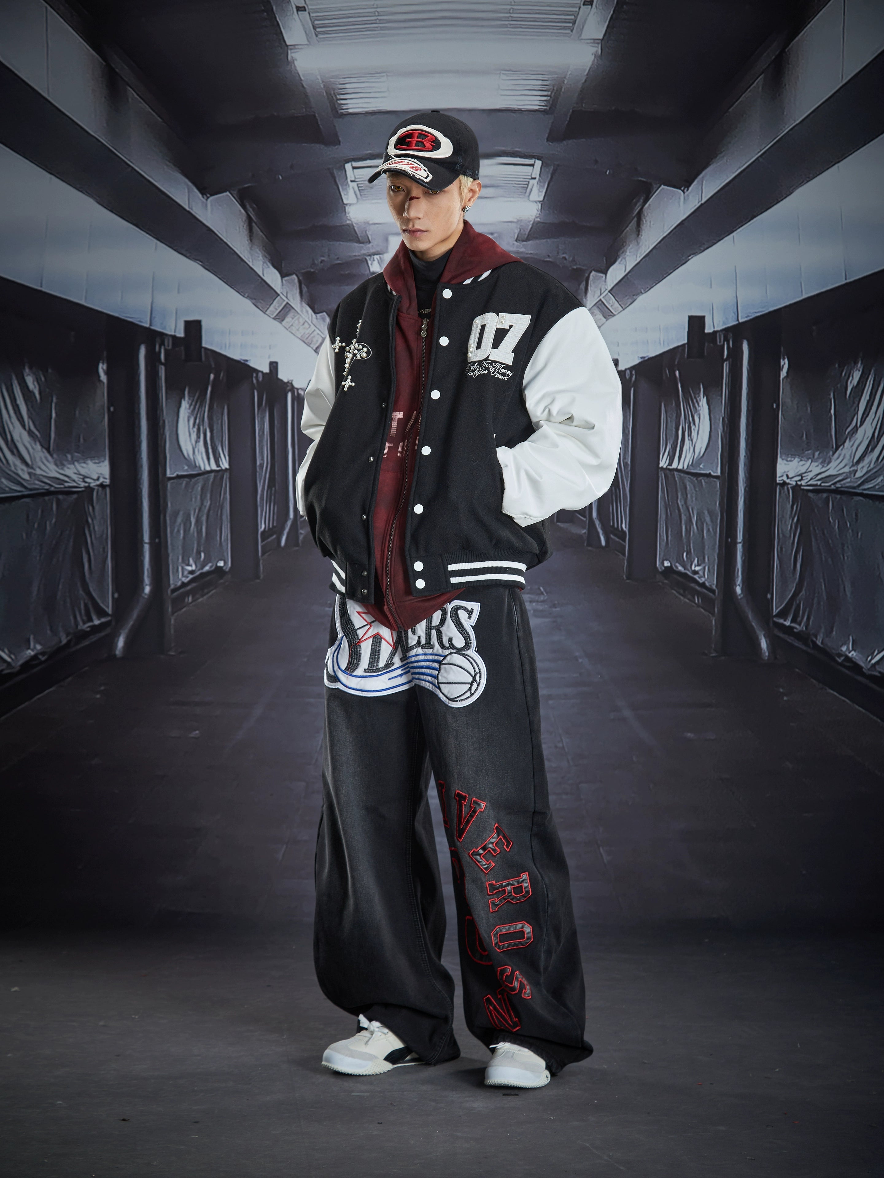 Heavy Embroidered Leather-Patch Fleece Lined Blade-Cut Jeans