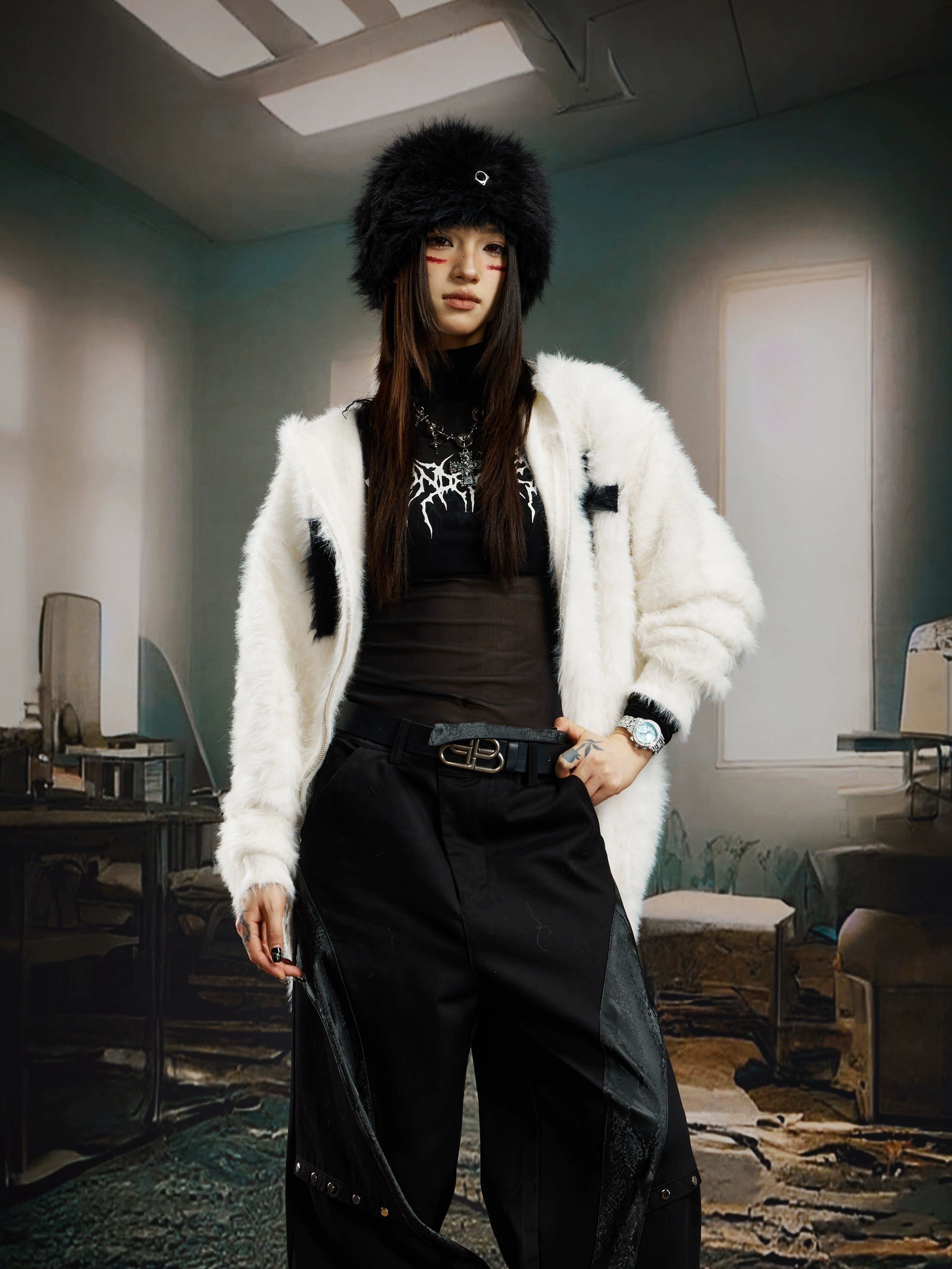 Heavyweight Mohair-Inspired Y2K Hooded Knit Cardigan