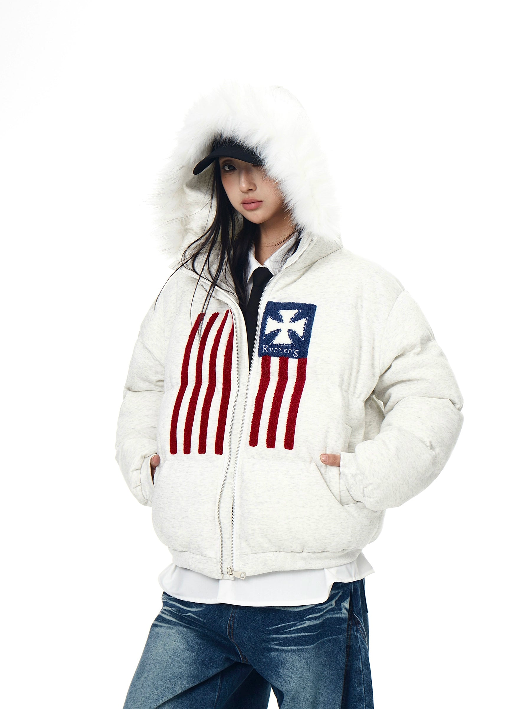 Flag Embroidered Fur-Hood Padded Puff Jacket