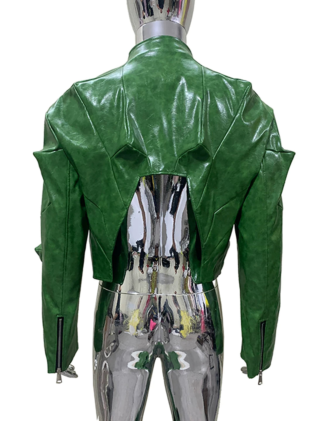 Sanhoostudio Green Glossy Deconstructed Cropped Leather Jacket