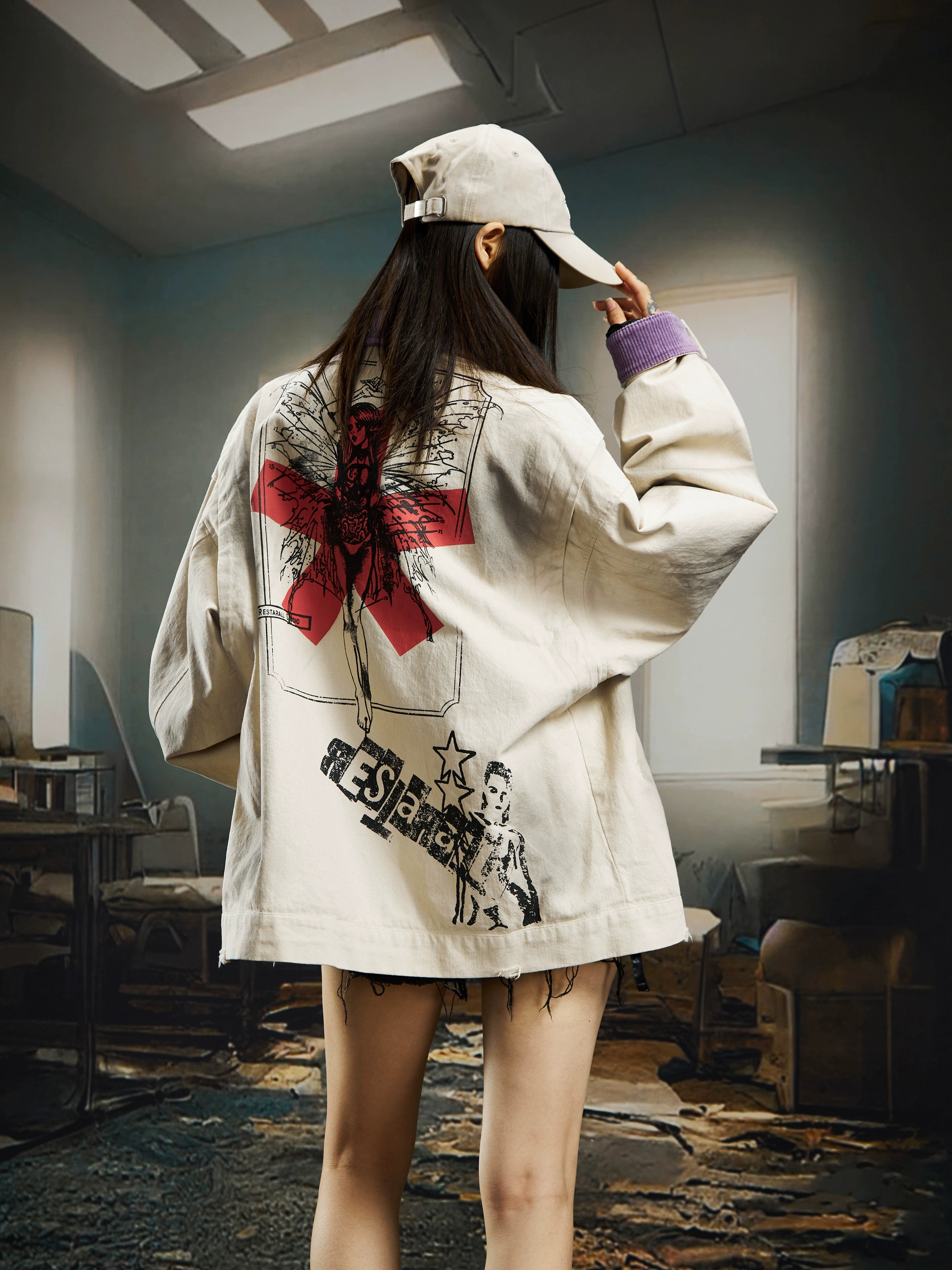 Washed Purple Denim Jacket with Badge Decoration